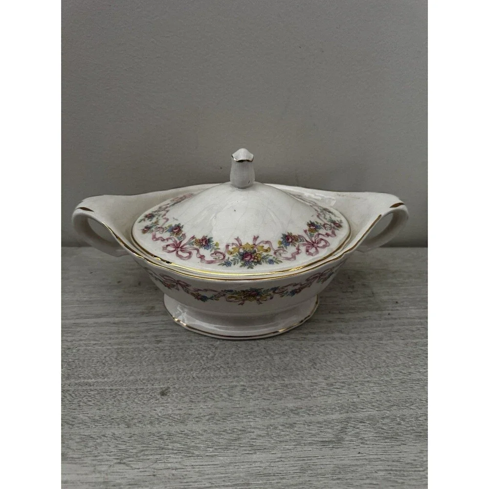 Vintage Edwin M Knowles Covered Vegetable Bowl Pink Roses Gold Trim